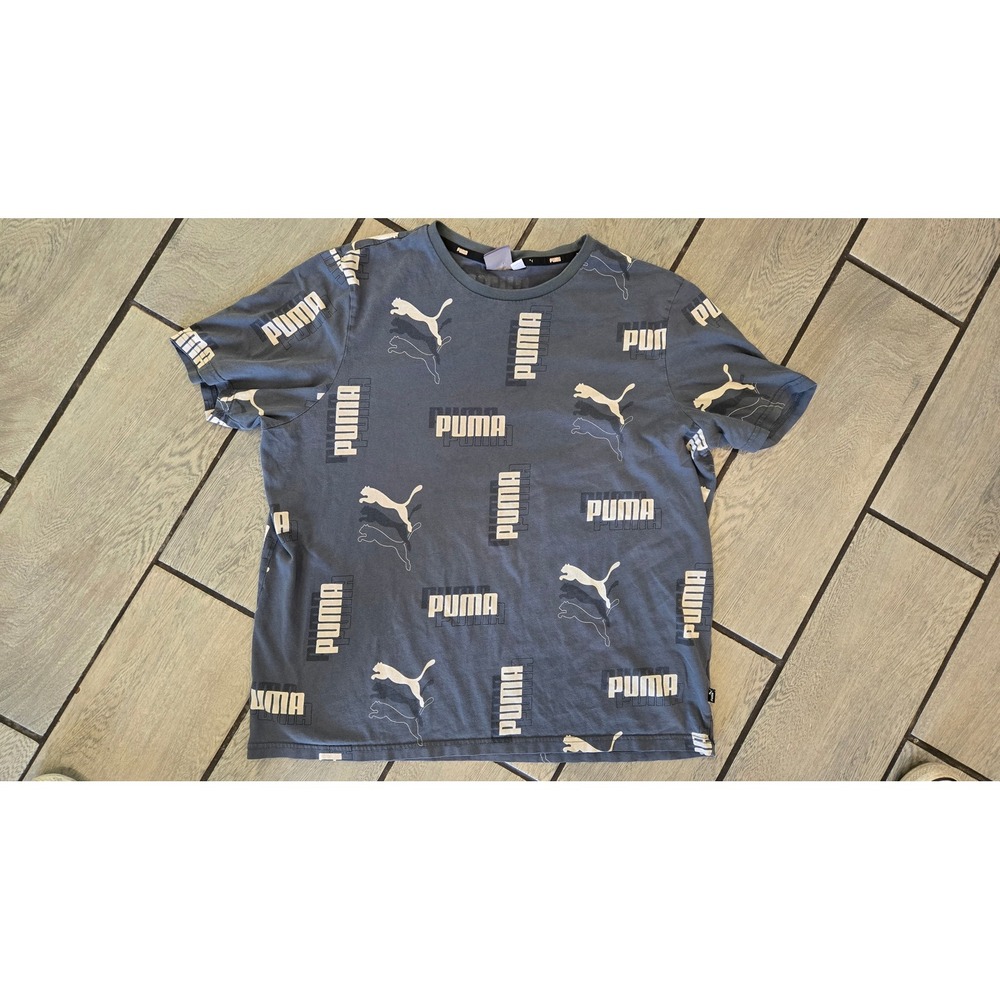 Puma Mens XL T-Shirt Blue Gray All Over Print Logo Short Sleeve Crew Neck Tee